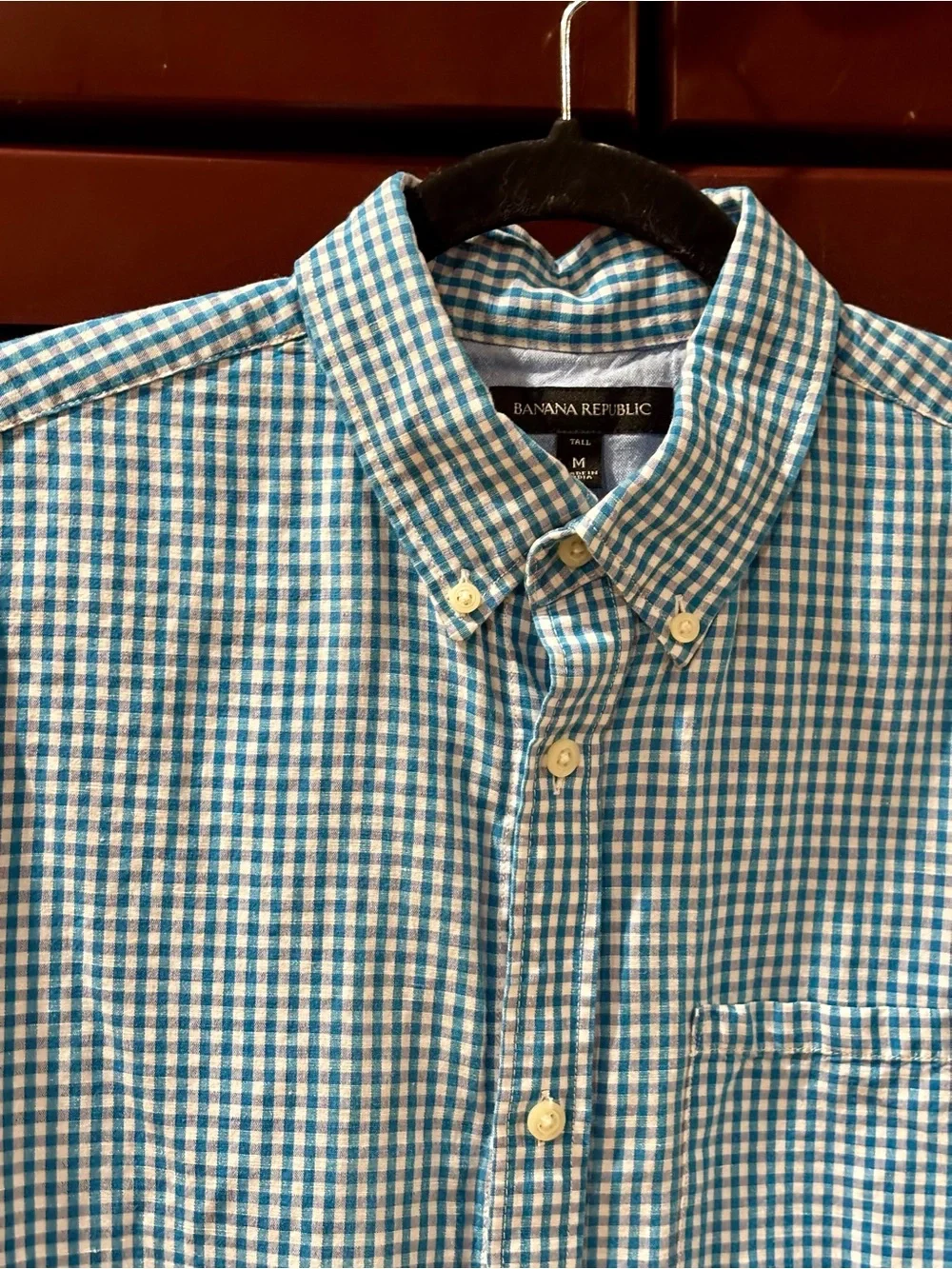 Banana Republic Teal and White Gingham Button-Down Shirt Size M-Tall